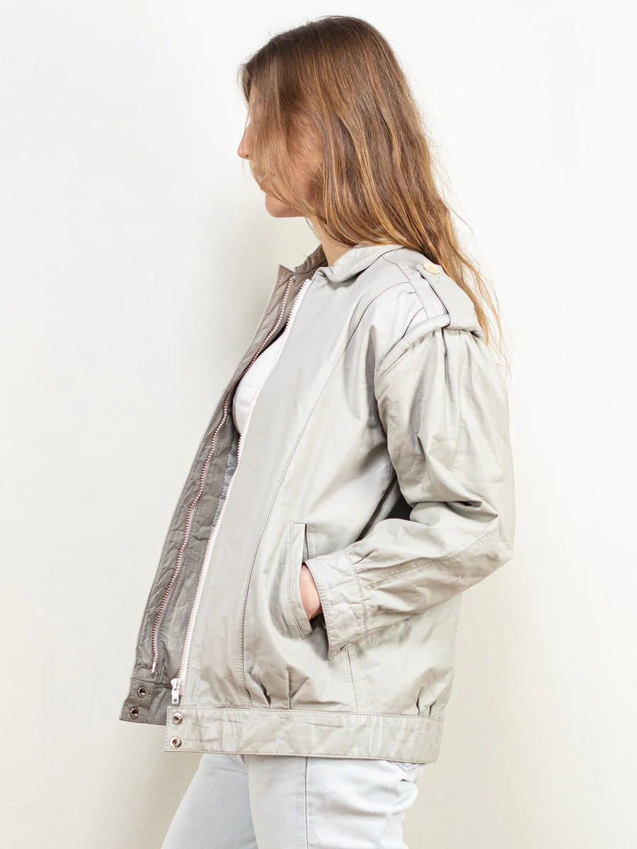 Vintage 80's Women Leather Jacket in Grey
