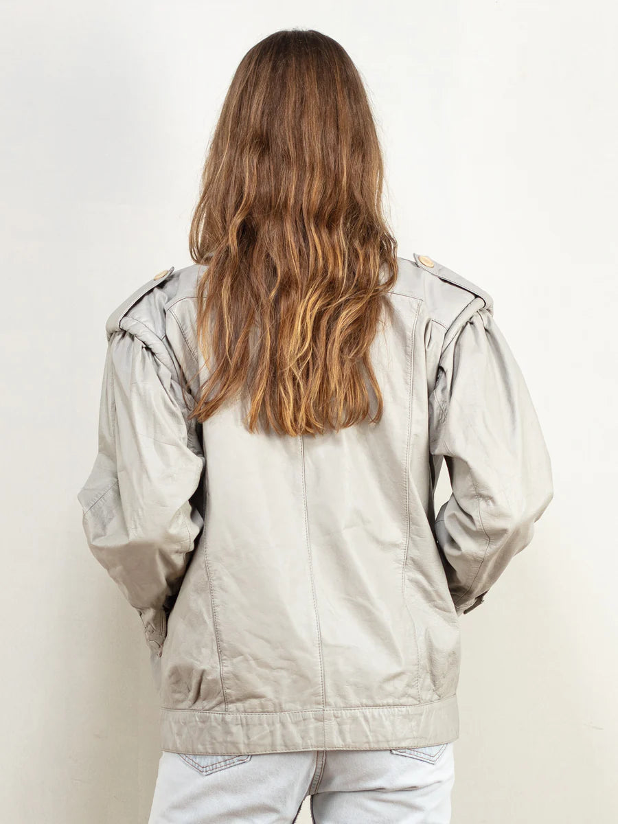 Vintage 80's Women Leather Jacket in Grey