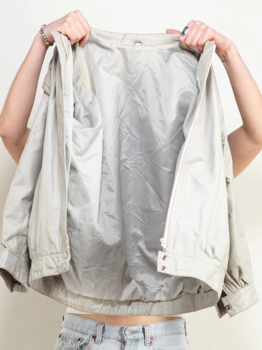 Vintage 80's Women Leather Jacket in Grey